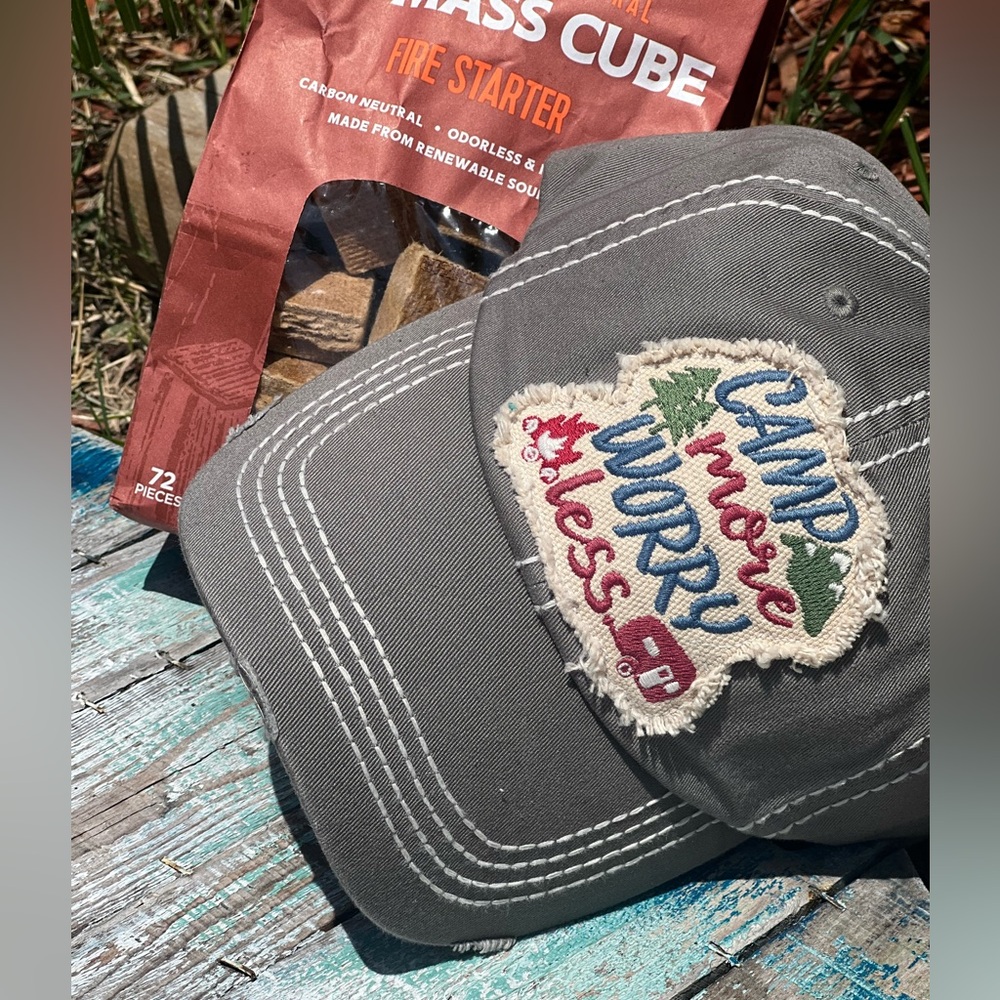Embroidered cap:” camp Moore, worry less”